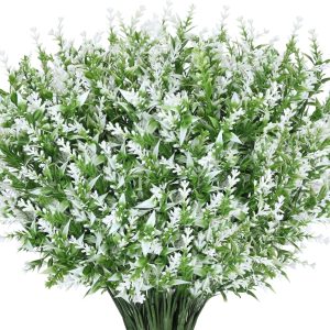 Ageomet 12 Bundles Artificial Lavender Flowers Outdoors Uv Resistant Shrubs Greenery Plants Indoor Plastic Faux Bouquets For Outdoor Home Garden Porch Decoration (White)