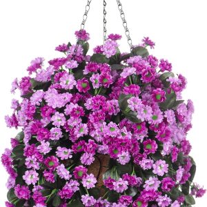 Ammyoo Artificial Flowers In Hanging Basket For Outdoors Indoors Decor, Artificial Mums Bush Flowers Plants With Baskets For Home Porch Garden Yard Patio Spring Summer Decoration (Purple Pink)