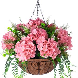 Ammyoo Artificial Flowers In Hanging Basket Planter For Home Spring Summer Decoration, Silk Hydrangea Outdoor Indoor Arrangements, 12″ Metal Coconut Lining Basket With Faux Plant(Champagne)