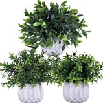 Winlyn 3 Pcs Faux Potted Plants Set – Artificial Eucalyptus, Rosemary, Boxwood Greenery In Small White Geometric Planters For Indoor Outdoor Desk Table Centerpiece Shelf Windowsill Home Office Decor