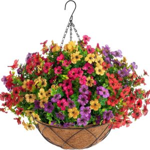 Lamsze Artificial Faux Hanging Plants Flowers Basket For Spring Summer, Colorful Daisy Flowers Eucalyptus Uv Resistant Look Real For Outdoor Outside Porch Decoration