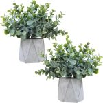 Winlyn 2 Pack Small Faux Eucalyptus Potted Plants Artificial Eucalyptus Greenery In Modern Hexagonal Ceramic Pots Small Plants 7.9″ Tall For Office Desktop Wedding Home Indoor Shelf Table Décor