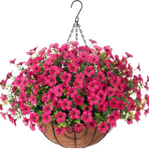 Hyeflora Artificial Hanging Plants Flowers Basket For Outdoor Outside Porch Summer Decoration, Faux Silk Hotpink Dasiy Uv Resistant Realistic In Planter For Home Patio Garden Yard