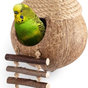 Coconut Bird Nest Hut With Ladder For Parrots Parakeet Conures Cockatiel – Small Animals House Pet Cage Habitats Decor