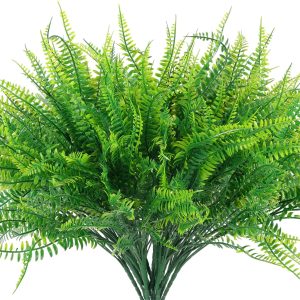 Hananona 12 Pcs Artificial Outdoor Plants Boston Fern Stems, Uv Resistant Faux Artificial Plants Shrubs Outdoors Plastic Plant Bulk For Hanging Planter Porch Window Home Decor (12, Green)