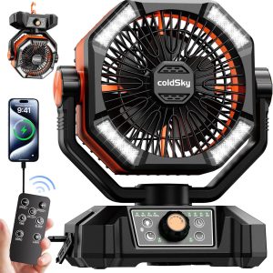 Coldsky ???????????????? Camping Fan With ???????? ??????????, Battery Operated Fan With 4 Led Lantern, 8 Speeds Desk Fan With Remote, Portable Outdoor Fan With Hook For Tent, Power Outages, Jobsite