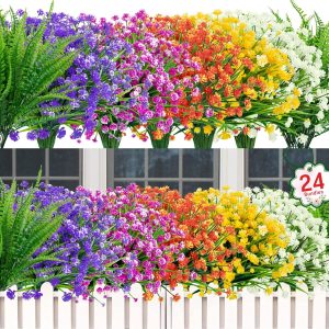 24 Bundles Artificial Flowers For Outdoor Decoration Uv Resistant Plastic Plants Faux Boston Fern Artificial Greenery For Summer Indoor Outdoor Garden Patio Window Box Kitchen Home Decor