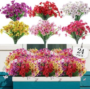 Agirl 24 Bundles Artificial Flowers For Outdoor,No Fade Plastic Flowers Faux Plants For Decoration Hanging Planters Indoor Outside Garden Porch Window Box Home Wedding Farmhouse