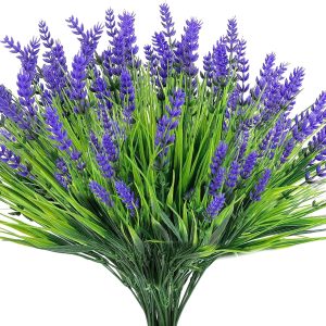 12 Bundles Artificial Plants Outdoor, Uv Resistant Monkey Grass With Lavender Flowers Greenery Stems No Fade Faux Shrubs For Home Garden Window Box Porch Front Patio Office Decor – Purple