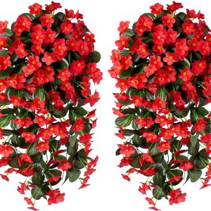 Artificial Hanging Plants Flowers For Outdoor Outside Summer Spring Decoration, 2 Pcs Faux Silk Red Orchid Long Vines Uv Resistant Realistic For Home Indoor Porch Patio Balcony