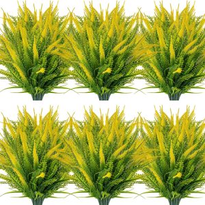 Zeostaro 12 Bundles Artificial Plants Outdoor Boston Fern Greenery With Flowers Faux Uv Resistant Shrubs Garden Patio Porch Window Box Farmhouse Hanging Decor(Yellow)