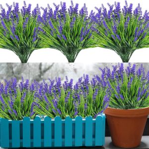 12 Bundles Artificial Plants Outdoor Monkey Grass With Flowers Faux Greenery Shrubs For Garden Patio Porch Window Box Home Indoor Farmhouse Hanging Planter Décor (Purple)