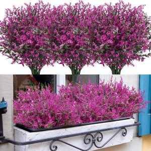 Cewor 18 Bundles Artificial Lavender Flowers Outdoors Shrubs Greenery Plants Indoor Uv Resistant Plastic Faux Bouquets For Outdoor Home Garden Porch Decoration (Fuchsia)