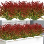 16 Bundles Artificial Plants Outdoor Grass Greenery Stems Uv Resistant Faux Plastic Plants Shrubs For Spring Summer Home Garden Pathway Window Box Front Porch Decor, Red