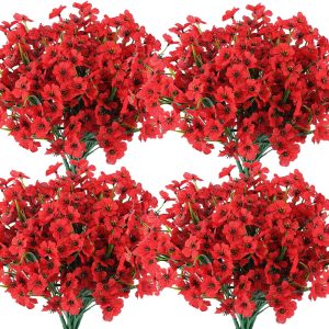 Hananona 28 Bundles Artificial Flowers Outdoor Red Flowers Uv Resistant No Fade Faux Outdoor Plants Garden Porch Window Box Decorating (28, Red)