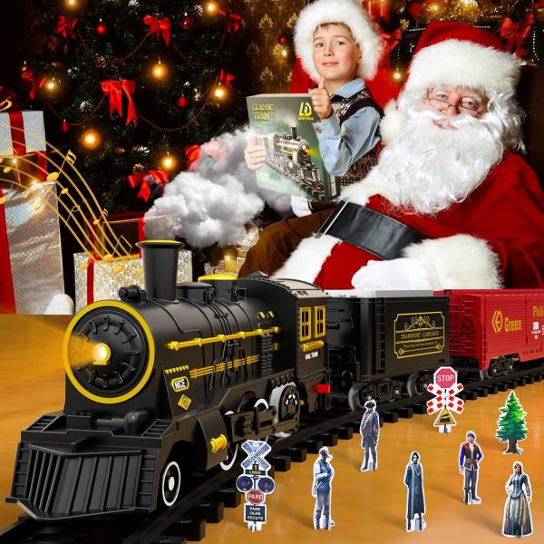 Christmas Train, Electric Train Set with Retro Classic Steam Engine Wagon, Battery Powered Train Playset with Smoke Lights and Sounds