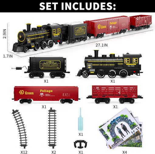 Christmas Train, Electric Train Set with Retro Classic Steam Engine Wagon, Battery Powered Train Playset with Smoke Lights and Sounds