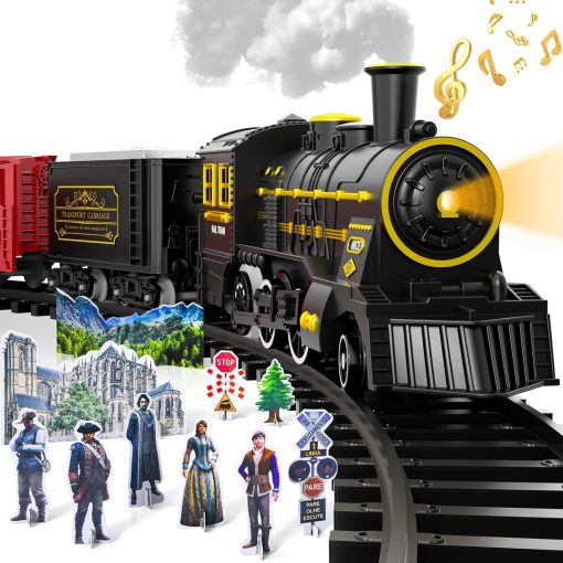 Christmas Train, Electric Train Set with Retro Classic Steam Engine Wagon, Battery Powered Train Playset with Smoke Lights and Sounds