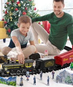 Christmas Train, Electric Train Set with Retro Classic Steam Engine Wagon, Battery Powered Train Playset with Smoke Lights and Sounds