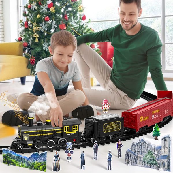 Christmas Train, Electric Train Set with Retro Classic Steam Engine Wagon, Battery Powered Train Playset with Smoke Lights and Sounds