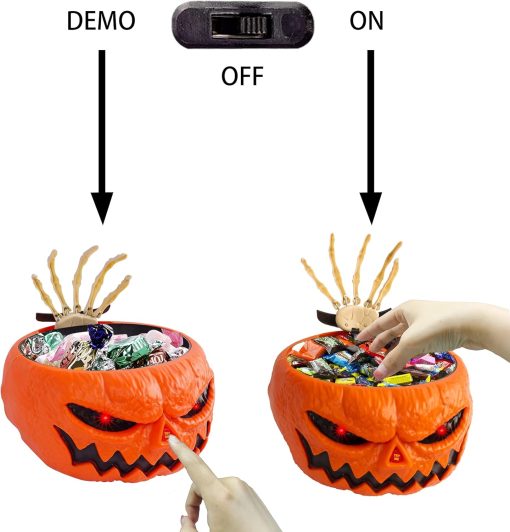 Halloween Candy Bowl, Animated Pumpkin Candy Holder, Lighted Red Eyes and Sound Candy Dish with Motion Activated