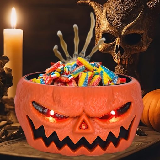 Halloween Candy Bowl, Animated Pumpkin Candy Holder, Lighted Red Eyes and Sound Candy Dish with Motion Activated