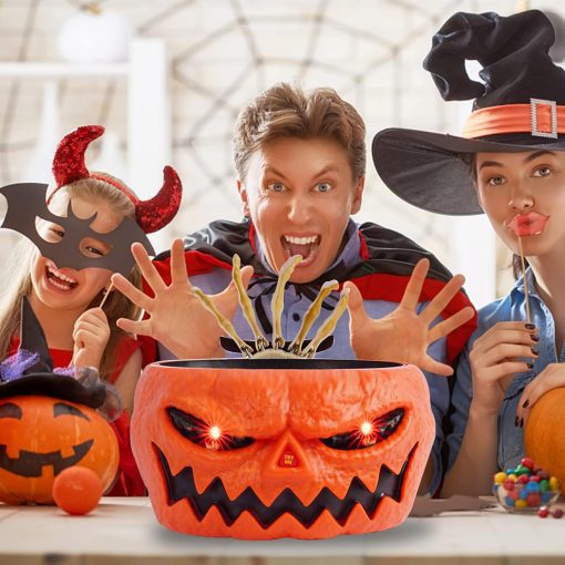 Halloween Candy Bowl, Animated Pumpkin Candy Holder, Lighted Red Eyes and Sound Candy Dish with Motion Activated