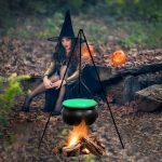 Halloween Witches Cauldron On Tripod – Large Witches Cauldron With Lights Mesh – Halloween Decorations Outdoor