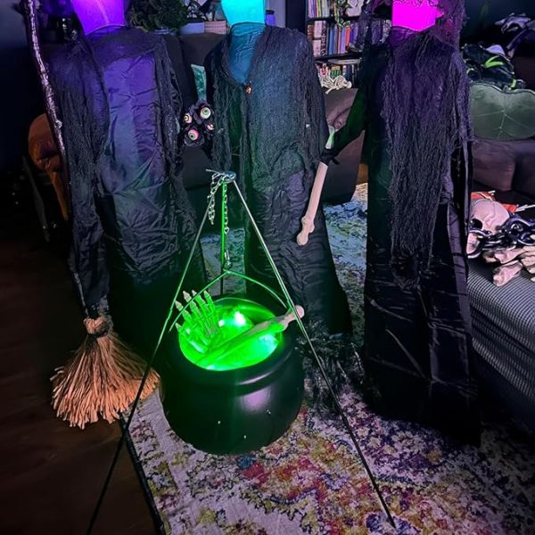 Halloween Witches Cauldron On Tripod – Large Witches Cauldron With Lights Mesh – Halloween Decorations Outdoor