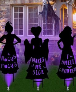 Hocus Pocus Halloween Decorations Outdoor, 3 Large Black Witches Yard Signs With Led Lights, Halloween Decorations Outside Silhouette Yard Signs With Stakes For Garage Door Yard Garden Lawn