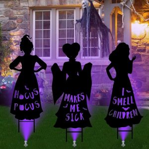 Hocus Pocus Halloween Decorations Outdoor, 3 Large Black Witches Yard Signs With Led Lights, Halloween Decorations Outside Silhouette Yard Signs With Stakes For Garage Door Yard Garden Lawn