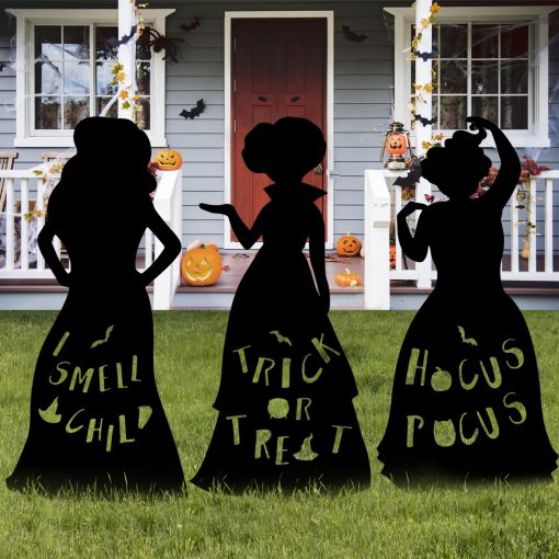 Hocus Pocus Halloween Decorations Outdoor, 3 Large Black Witches Yard Signs With Led Lights, Halloween Decorations Outside Silhouette Yard Signs With Stakes For Garage Door Yard Garden Lawn