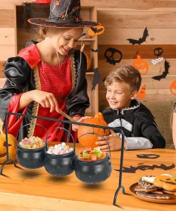 Set of 3 Witches Cauldron Serving Bowls on Rack, Black Plastic Hocus Pocus Candy Bucket Cauldron, Halloween Party Decorations