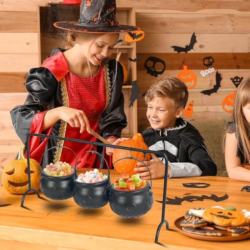 Set of 3 Witches Cauldron Serving Bowls on Rack, Black Plastic Hocus Pocus Candy Bucket Cauldron, Halloween Party Decorations