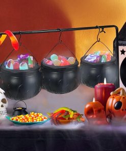 Set of 3 Witches Cauldron Serving Bowls on Rack, Black Plastic Hocus Pocus Candy Bucket Cauldron, Halloween Party Decorations