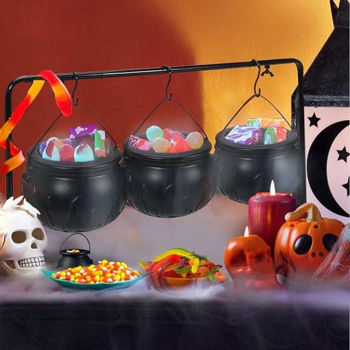 Set of 3 Witches Cauldron Serving Bowls on Rack, Black Plastic Hocus Pocus Candy Bucket Cauldron, Halloween Party Decorations