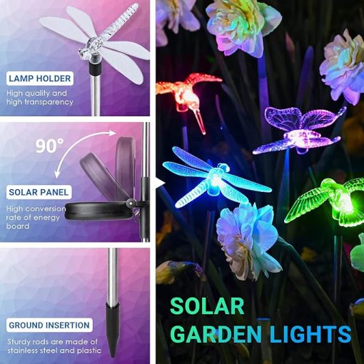 Solar Garden Lights, Solar BirdButterflyDragonfly Lights Solar Christmas Decorations, Multi-Color Changing LED Solar Light Stakes