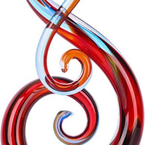 13″ Tall Glass Knot Red Hand Blown Decor Art Sculpture Home Contemporary Decor, Ocean Wave Fused Glass Sculpture Music Room Decorations, For Living Room, Office, Coffee Table, Entrance, Shelf