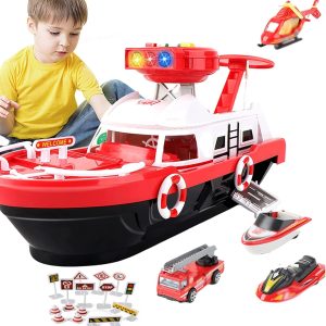 Toy Set Boat Toys With Police Car And Mini Helicopter With Sound And Light Airplane Toys For Kids 4 5 6 Year (Red)