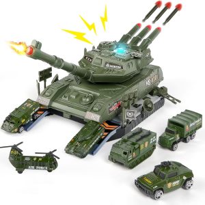 Covtoy Military Toy Tank Set For Kids, Military Transport Tank And 6Pcs Army Vehicles, Tank & Vehicle Playset With 3 Sound And Launcher, Birthday Gift For Boys 3-5 Years Old